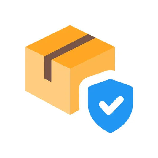 Shipping box with blue shield and check mark, package protection icon